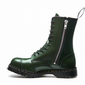 Solovair Hi-Shine 10 Eye Steel Toe Capped Zip Men Derby Boots Green | GF10-1980-GN-ZIP-035