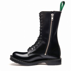 Solovair Hi-Shine 14 Eye Zip Men Derby Boots Black | S14-14-BK-ZIP-G-030