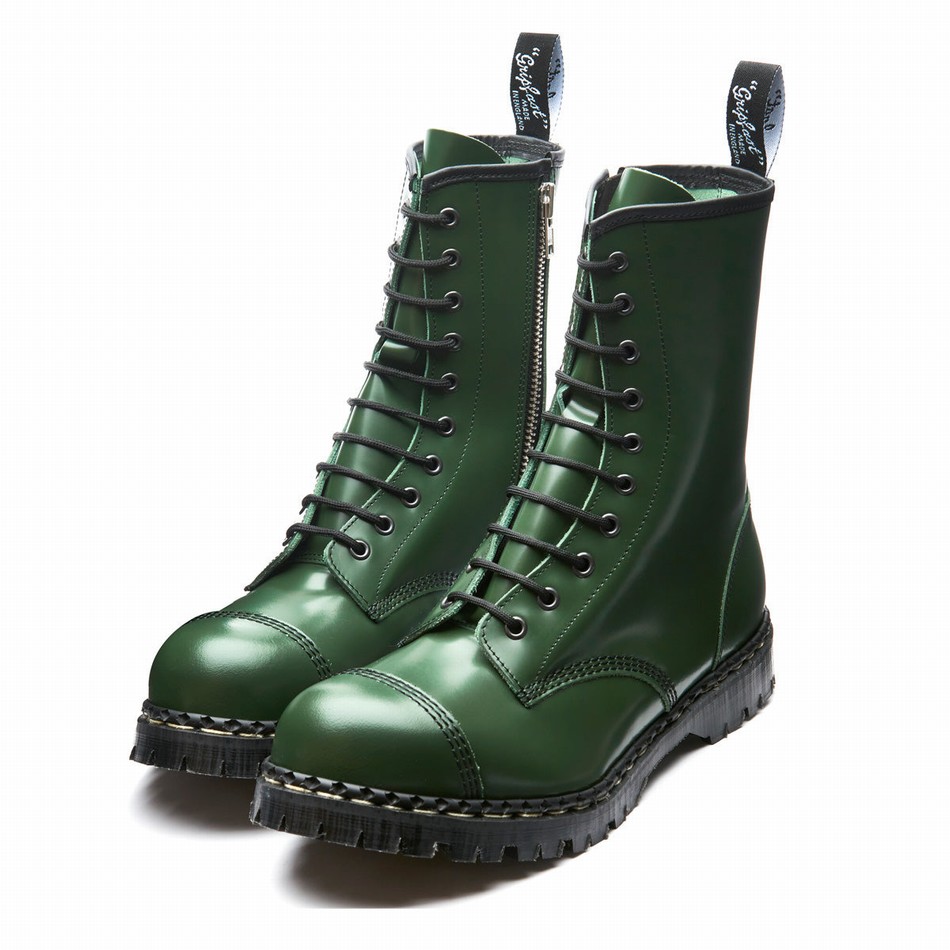 Solovair Hi-Shine 10 Eye Steel Toe Capped Zip Men Derby Boots Green | GF10-1980-GN-ZIP-035