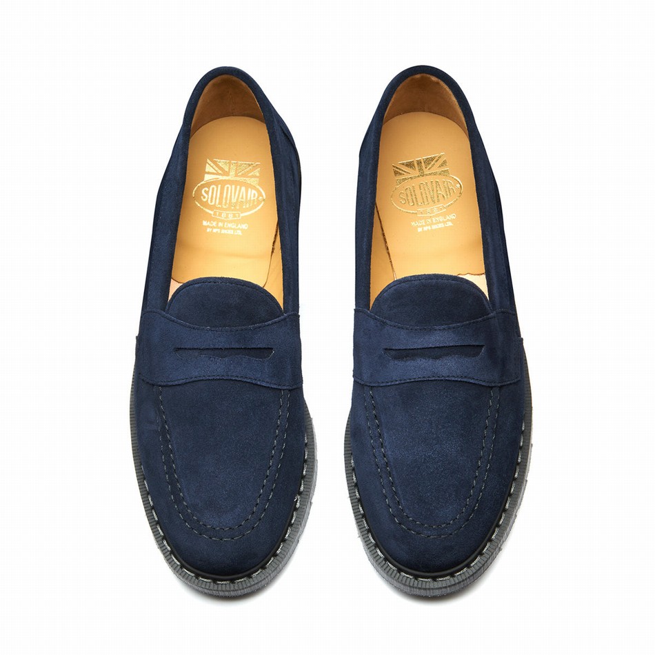 Solovair Suede Penny Women Loafers Navy | S0-970-BL-SUE-G-040